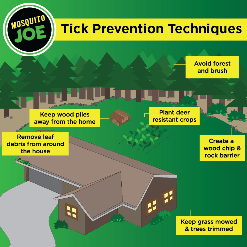 Infographic with picture of house in the woods and different tips for tick prevention in yellow boxes